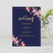 Oud marineblauw roze goud bloemmotief menu (Staand voorkant)