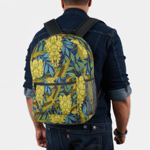 Oud marineblauw vogel- en geel bloempatroon bedrukte rugzak