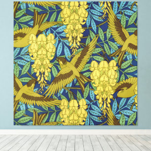 Oud marineblauw vogel- en geel bloempatroon canvas afdruk