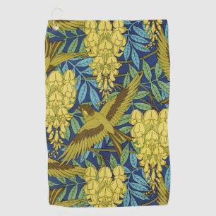 Oud marineblauw vogel- en geel bloempatroon golfhanddoek