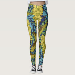 Oud marineblauw vogel- en geel bloempatroon leggings