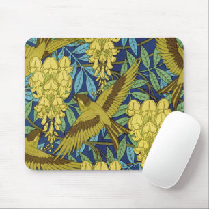 Oud marineblauw vogel- en geel bloempatroon muismat