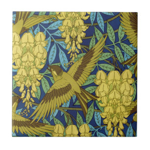 Oud marineblauw vogel- en geel bloempatroon tegeltje
