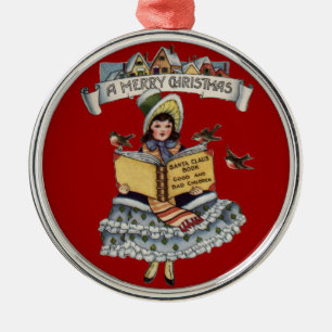Oud Meisje en Kerstman Kerstboek Metalen Ornament