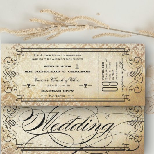 Oud papier Ticket Flourish Typography Wedding Kaart