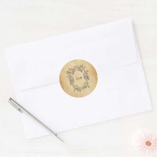  oud papieren monogram Custom Wedding Ronde Sticker (Envelop)