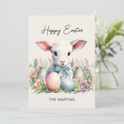 Oud Pasen Gelukkig Pasen Lam Pastelkleurige Eieren Feestdagenkaart (Staand voorkant)
