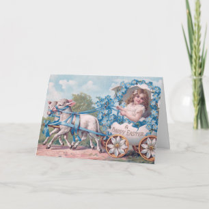 Oud Pasen-illustratie met meisje en lammetjes Kaart