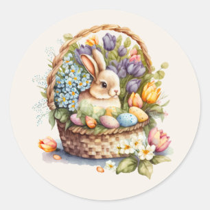 Oud Pasen Konijn Mand Pastel Bloemen Ronde Sticker