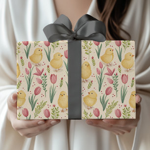 Oud Pasen Lieve Gele Kuikens Rode Tulpen Cadeaupapier
