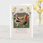 Oud Pasen Meisje Konijn Kuiken Kaart (Gele Bloem)
