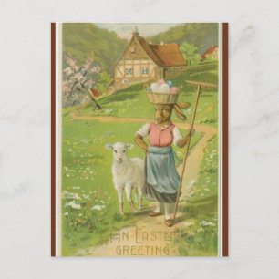 Oud Pasen met lam en konijn met mand eieren Briefkaart