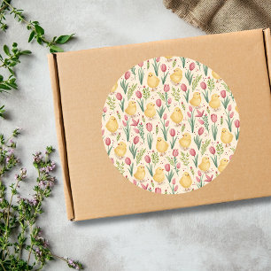 Oud Pasen Mooie Gele Kuikens Rode Tulpen Ronde Sticker