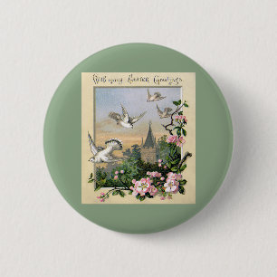 Oud Pasen, Witte Duiven Vogels en Bloemen Ronde Button 5,7 Cm