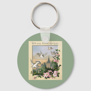 Oud Pasen, Witte Duiven Vogels en Bloemen Sleutelhanger