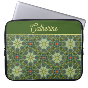 Oud patroon in groen met blauwe bloemen laptop sleeve