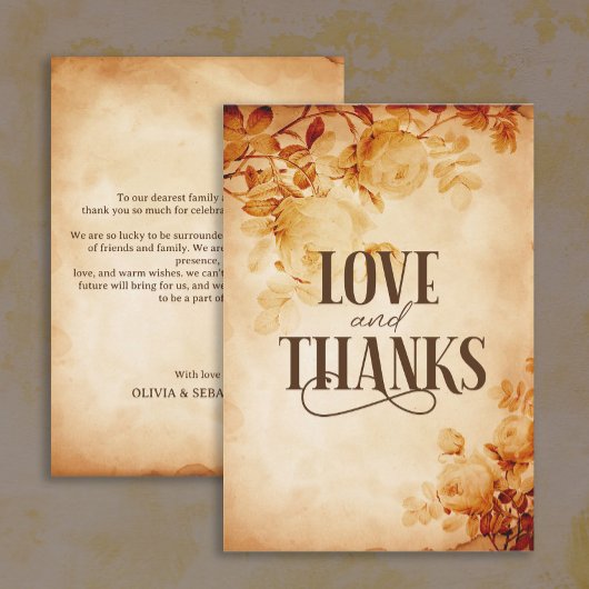 oud perkament met Roos bruiloft Bedankkaart