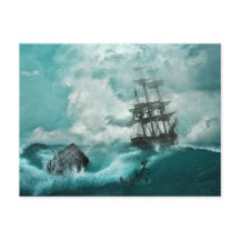 Oud Pirate Ship Anchor Vibrant Blue Stormy Zee
