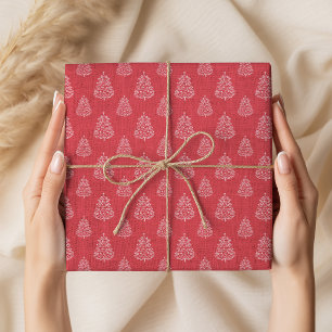 Oud Rustiek Rood Kerstbomen Patroon Cadeaupapier