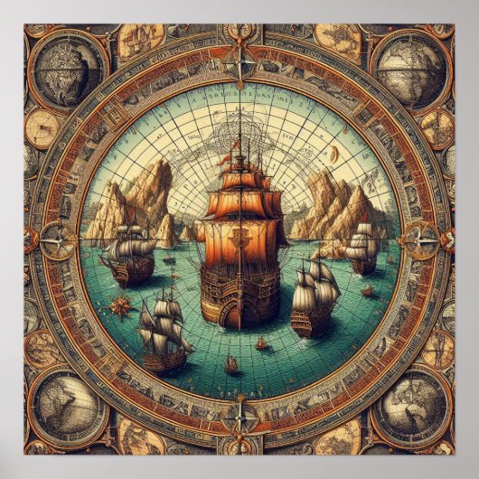 Oud Spaans zeilschip, kaart 3 Poster (Voorkant)