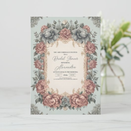 Oud Stof Blauw Art Nouveau Victoriaans Bruidsboeke Kaart (Staand voorkant)