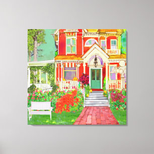 Oud-Victoriaans rood huis met rondlopende veranda Canvas Afdruk