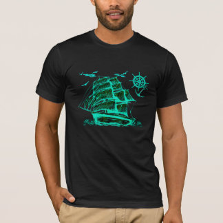 Oud zeilschip met groene grafische kaart t-shirt