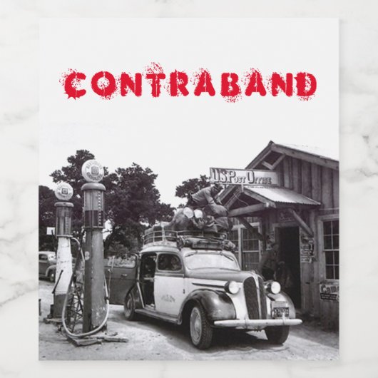 Oud zwart-wit-CONTRABAND zoekautomobiel Wijn Etiket (Enkel label)