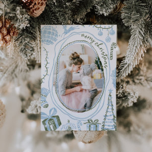 Oudblauw watercolor kerstfamiliefoto feestdagenkaart