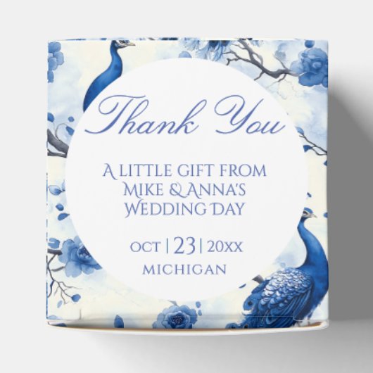 Oudblauwe Franse Chinoiserie Waterverf Pauw Bedankdoosjes (Bovenkant)