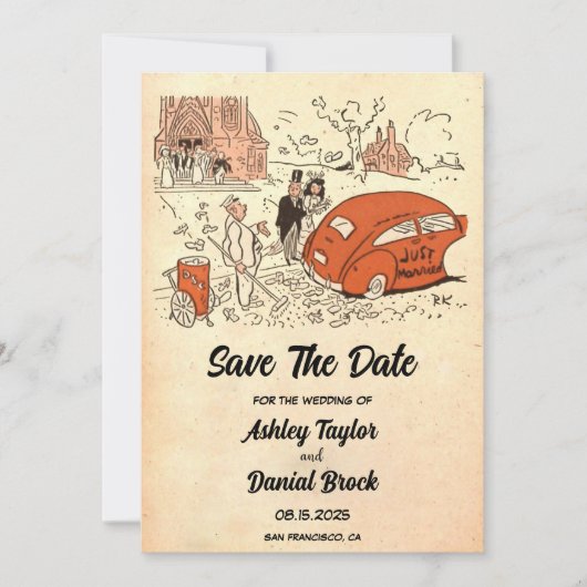 Oude 50s Comic Retro Wedding sparen de Datum Kaart (Voorkant)