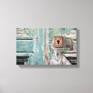 Oude afgebroken blauwe geschilderde deur canvas afdruk