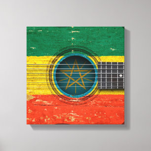 Oude akoestische gitaar met Ethiopische vlag Canvas Afdruk