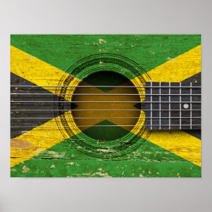 Oude akoestische gitaar met Jamaicaanse vlag Poster