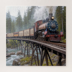 Oude Amerikaanse patriottische trein op een vakwer Legpuzzel