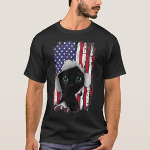 Oude Amerikaanse Vlag Gescheurde Zwarte Kat Kitten T-shirt