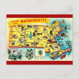 Oude ansichtkaart met kaart van Massachusetts