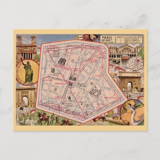 Oude ansichtkaart met kaart van Parijs Frankrijk (Voorkant)