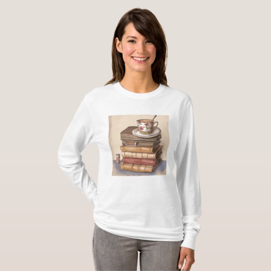 Oude Antiek boeken en een kopje koffie T-shirt (Voorkant volledig)