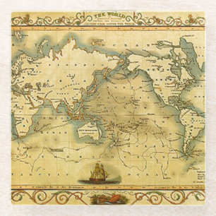 Oude Antiek Wereldkaart lithograaf Elegant Glazen Onderzetter