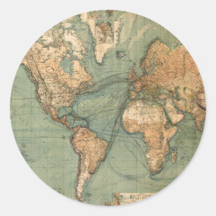  Oude Antiek Wereldkaart Ronde Sticker