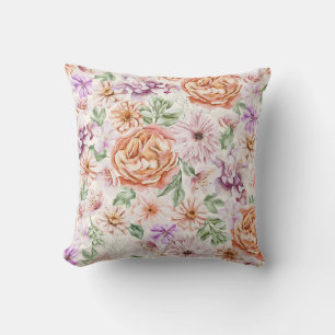 Oude Aquarel Abrikozenroos en Paarse Bloemen Kussen