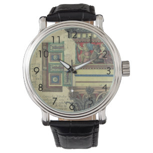 Oude architectuur, zuil met kroonlijstlijsten horloge