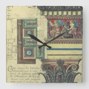 Oude architectuur, zuil met kroonlijstvorming vierkante klok