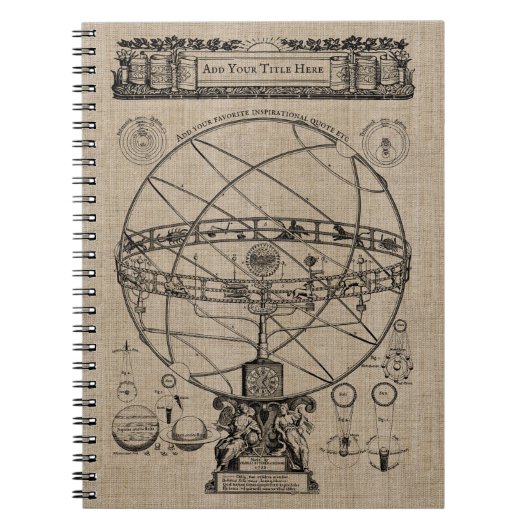 Oude armillary Sphere Spherical Astrolabo Burlap Notitieboek (Voorkant)