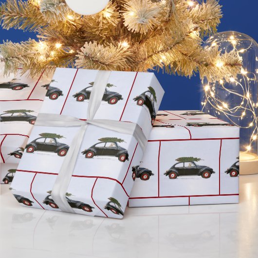 Oude auto met kerstboom en hond cadeaupapier (Feestdagen)