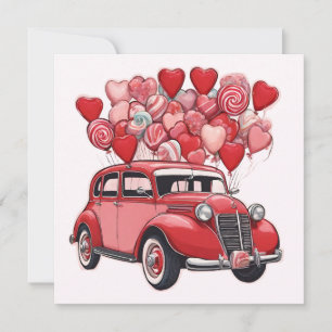 Oude auto met Valentijnsdagballonnen Feestdagenkaart