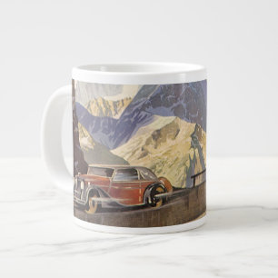 Oude auto op bergweg in de winter met sneeuw grote koffiekop