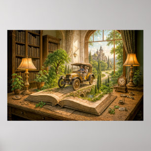 Oude auto rijdt uit sprookjesboekpagina poster