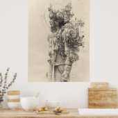 Oude Azteekse Tolteca God Pencil Sketch Poster (Keuken)